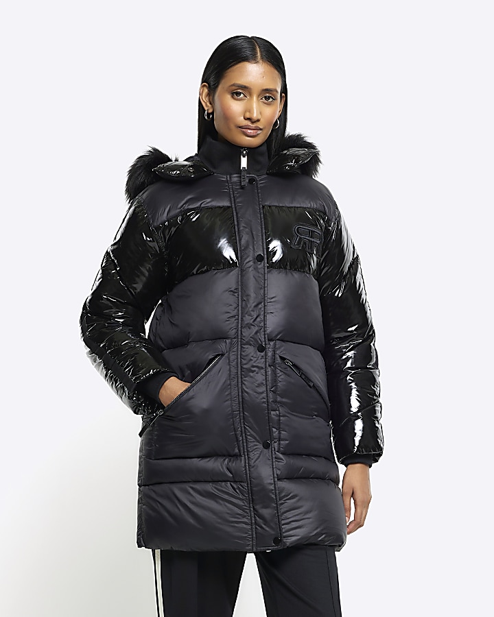 Black vinyl detail hooded puffer jacket