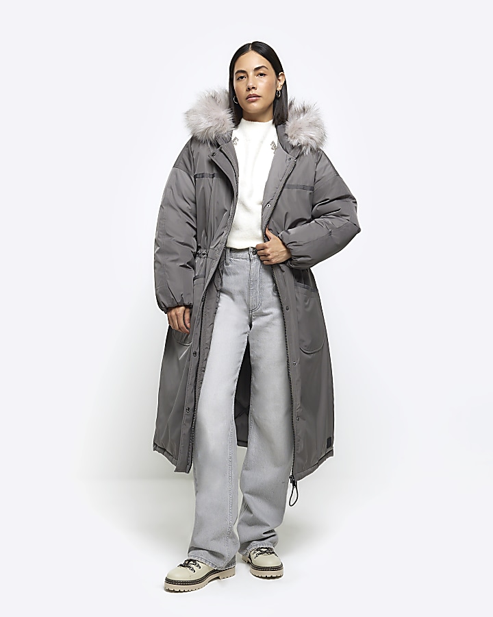 Grey faux fur hood parka jacket