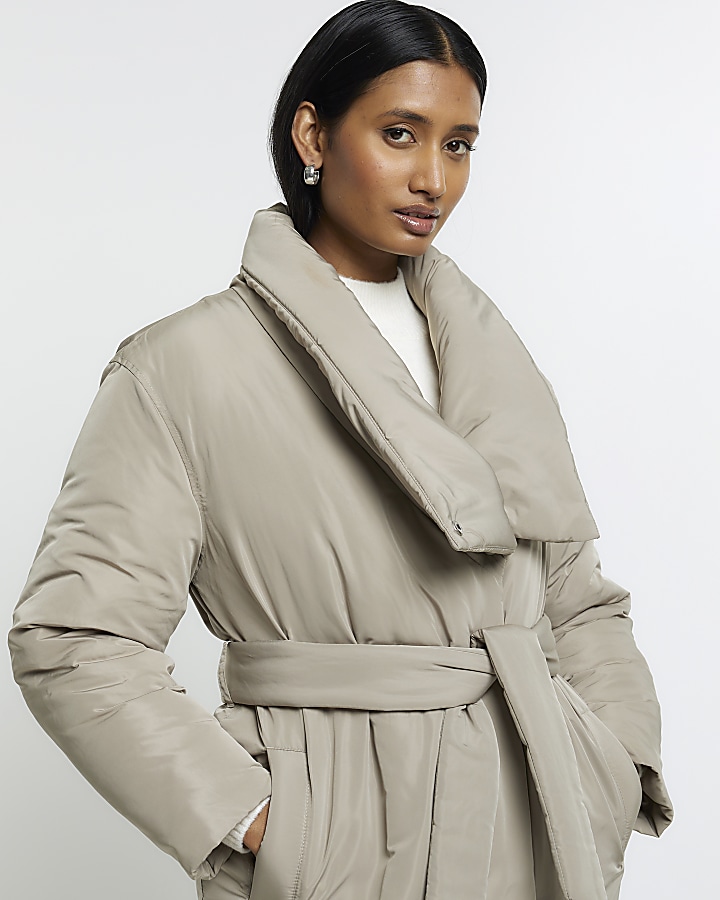 Green belted wrap puffer jacket River Island