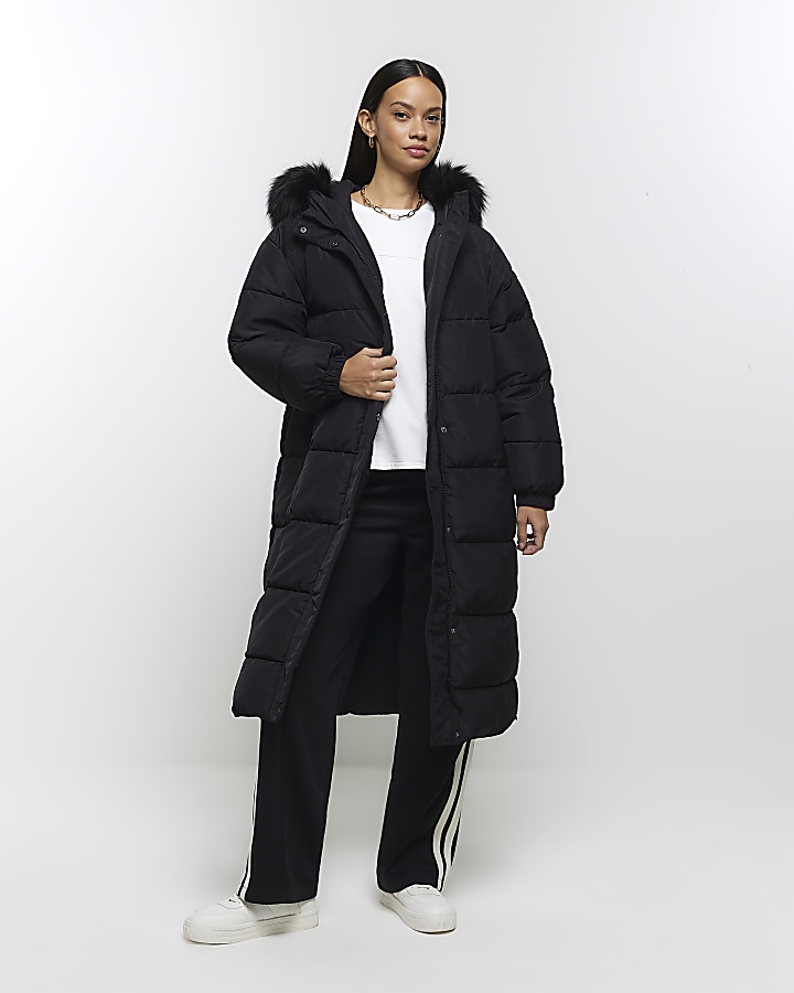 River island black hooded puffer jacket sale