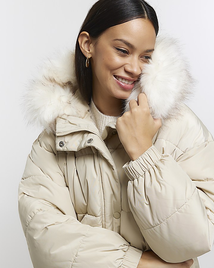 Cream hooded longline puffer coat River Island