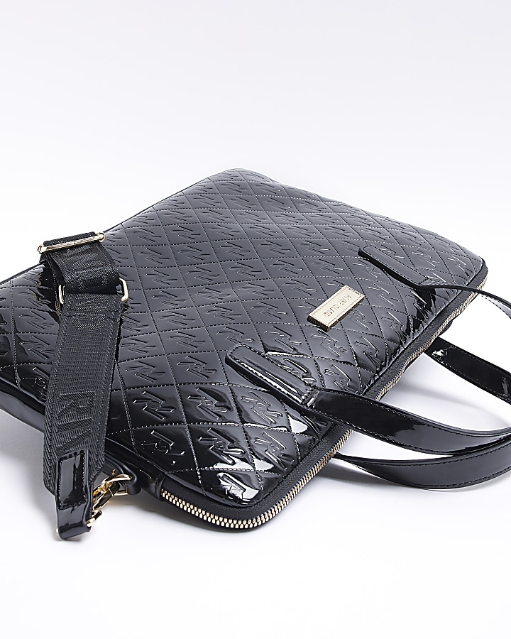 Black patent embossed laptop bag River Island