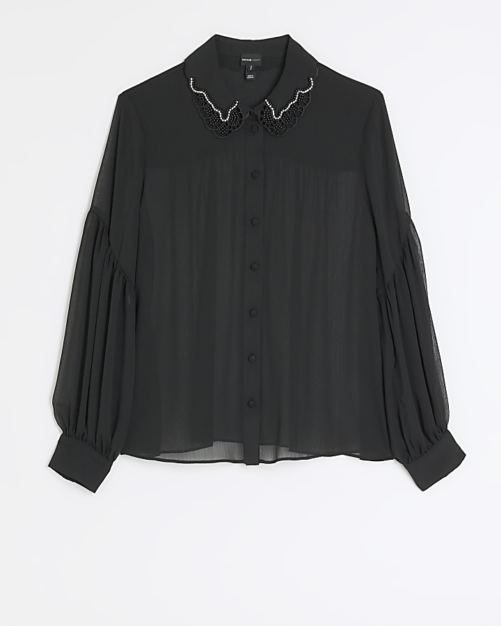 Black chiffon embellished shirt