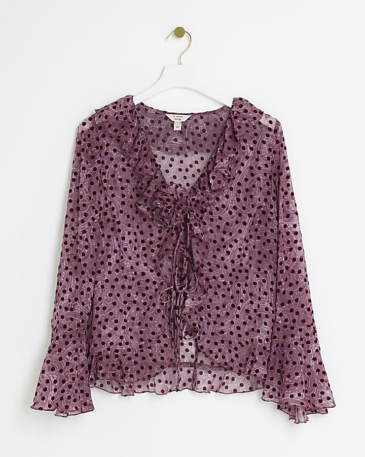 Purple paisley frill tie up blouse