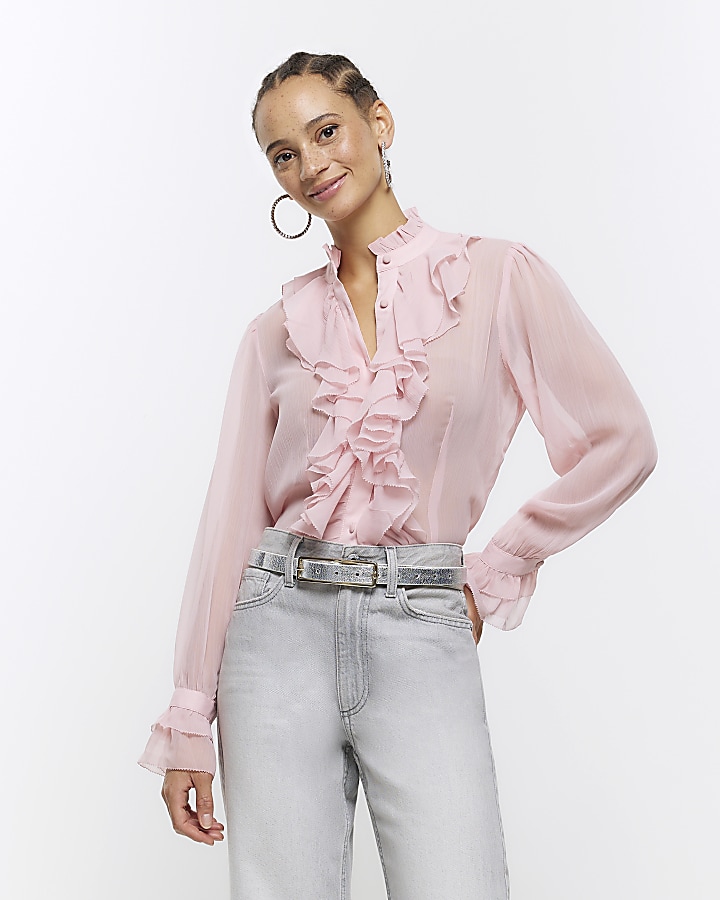 Pink frill fluted cuff blouse