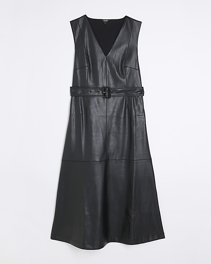 Black faux leather belted swing midi dress