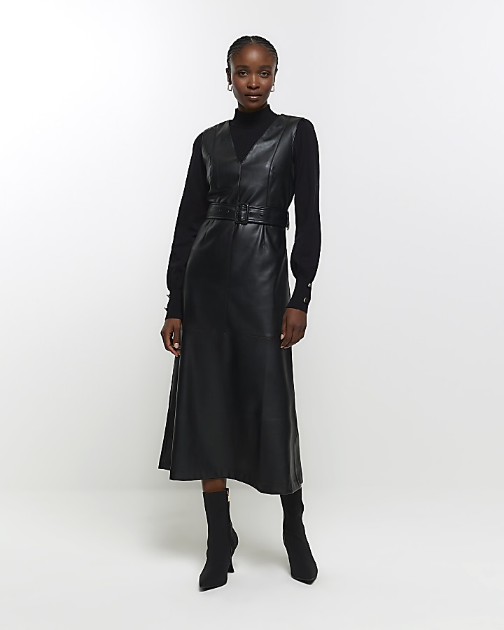Black faux leather belted swing midi dress | River Island