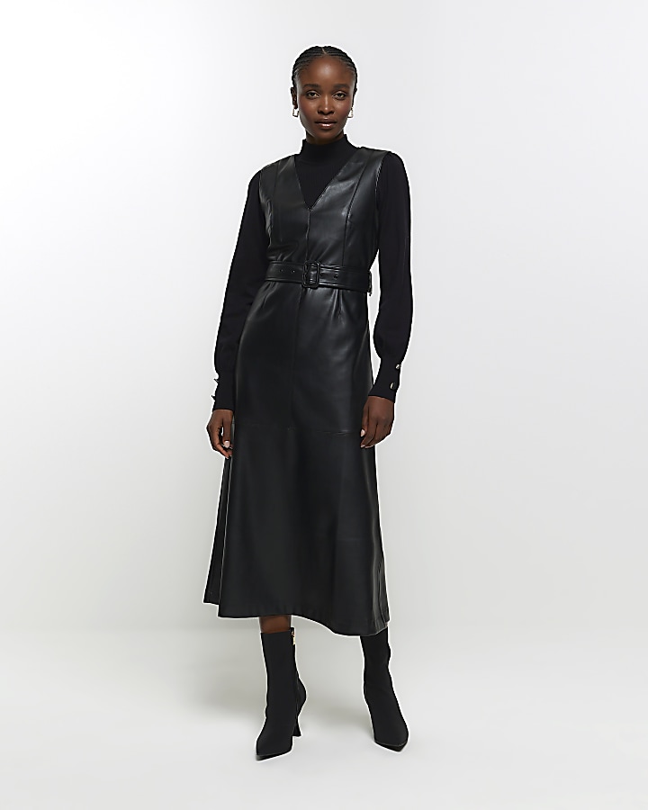 Black faux outlet leather midi dress