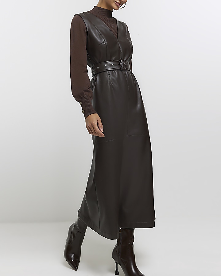 Brown faux leather belted swing midi dress