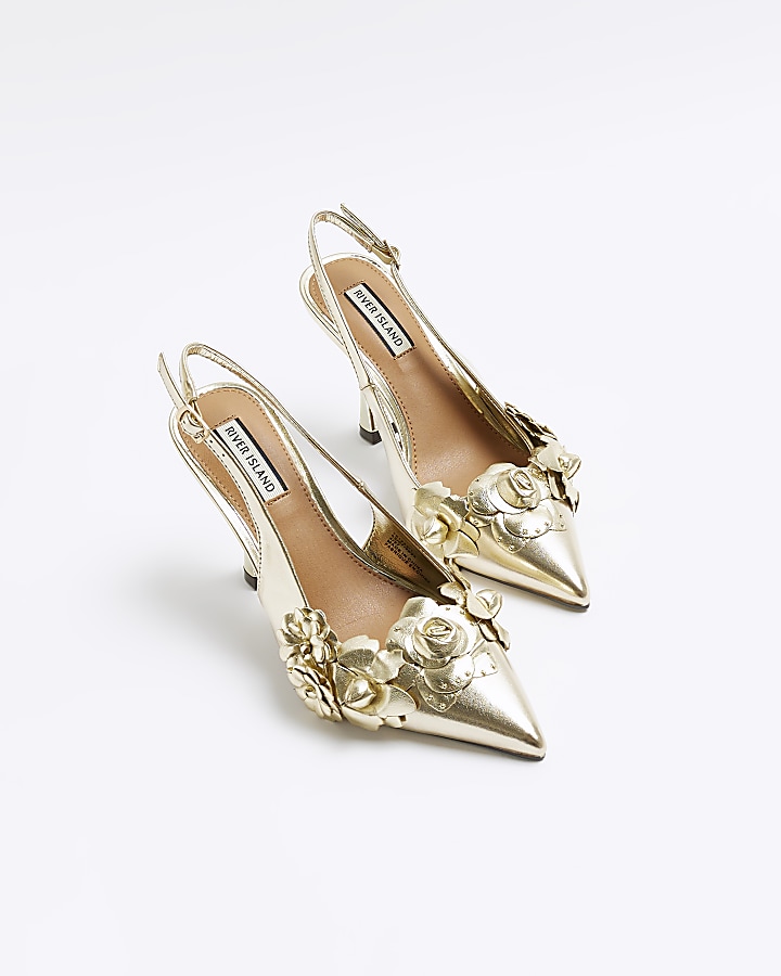 Gold flower sling back heeled court shoes