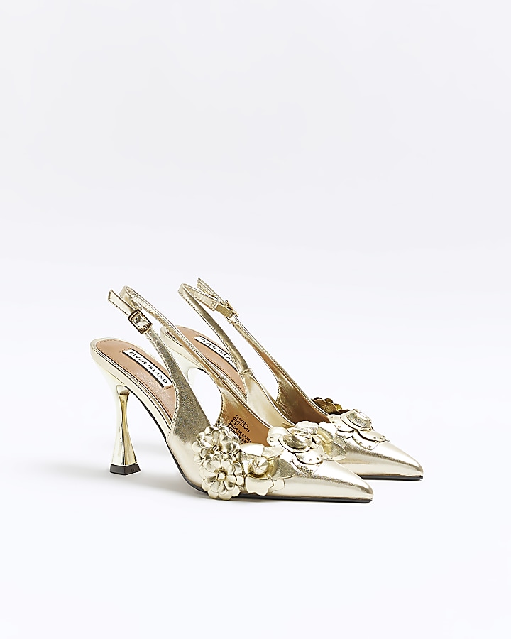 Gold flower sling back heeled court shoes