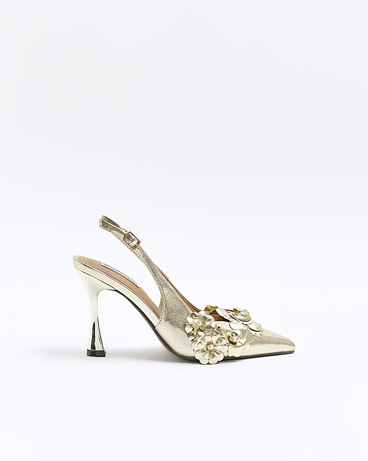 Gold flower sling back heeled court shoes