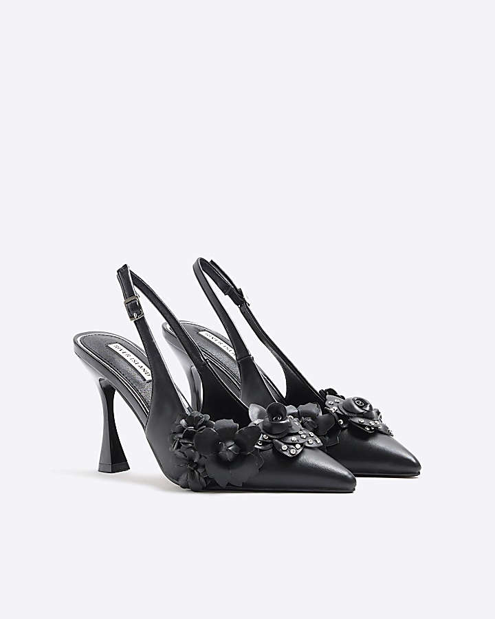 Black flower sling back heeled court shoes