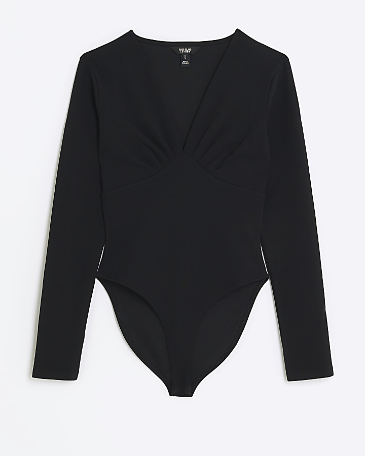 Black plunge long sleeve bodysuit | River Island