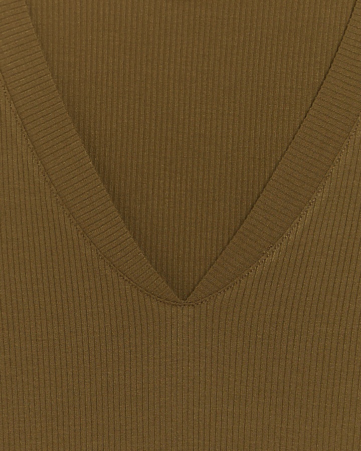 Khaki rib v-neck long sleeve top