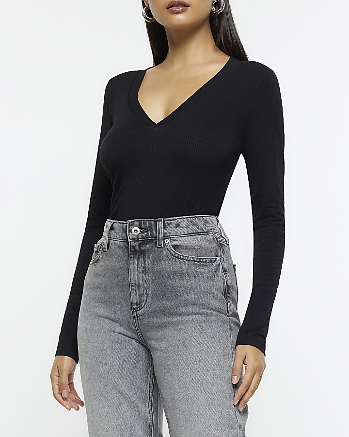 V-Neck Ribbed Long Sleeve Top Black