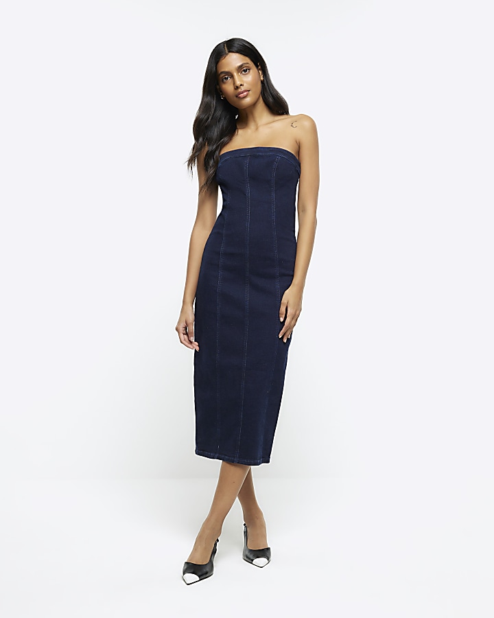 Blue denim bodycon midi dress