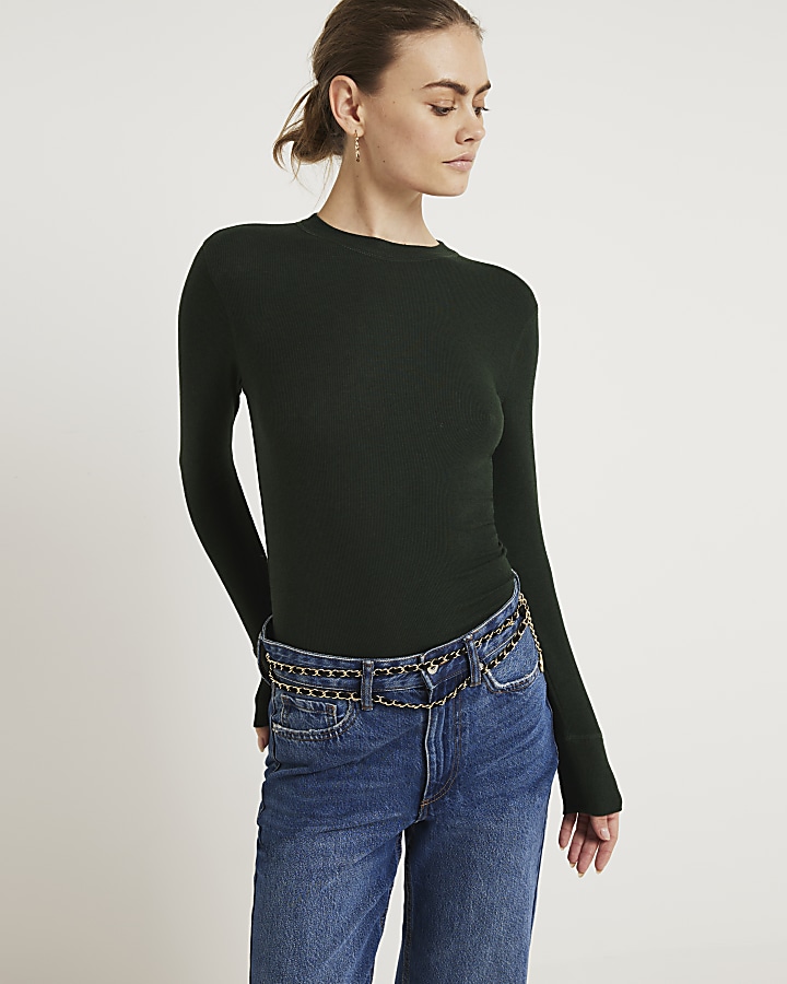 Green Fitted Rib Long sleeve Top