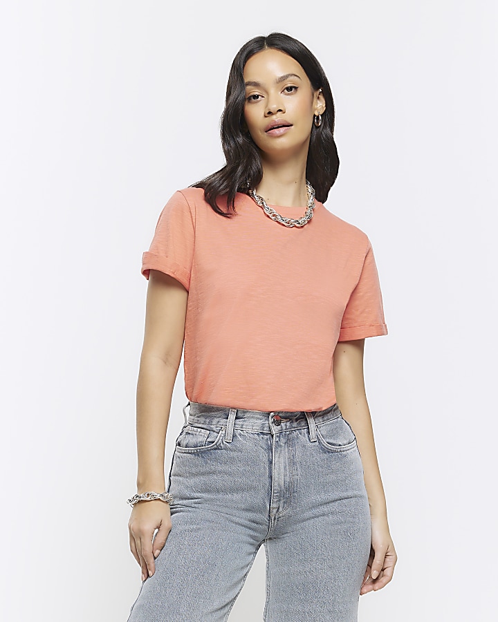 Coral rolled sleeve t-shirt