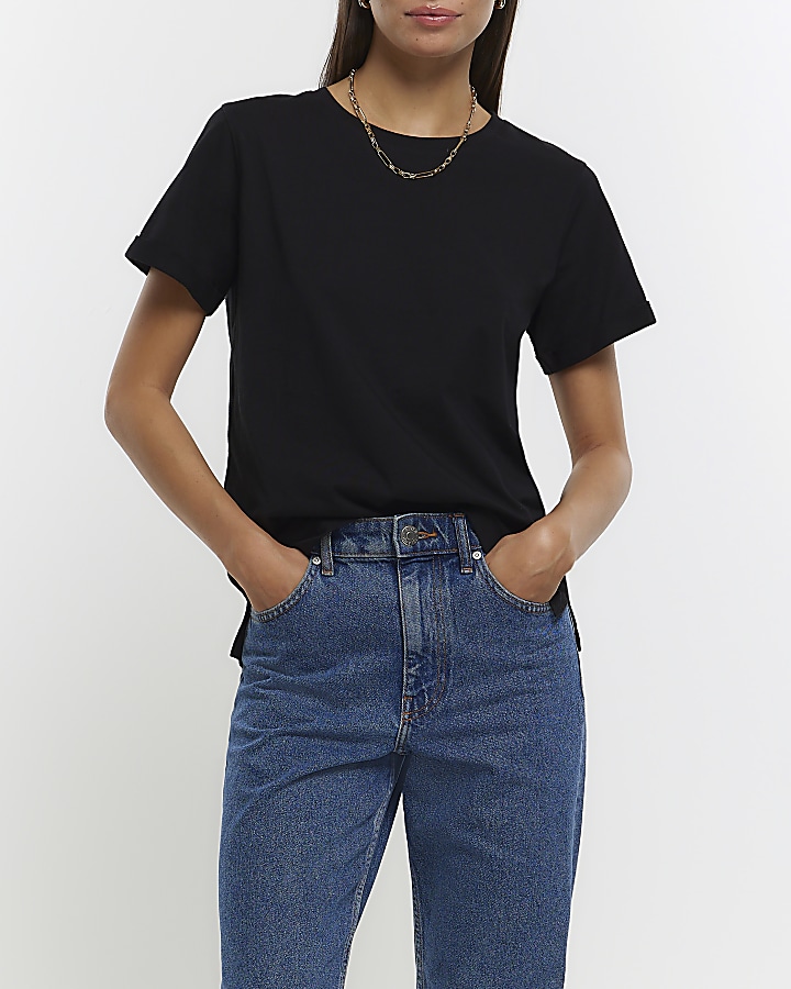 Black rolled sleeve t shirt River Island