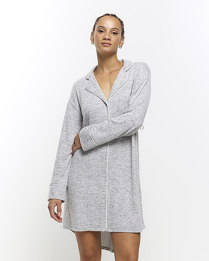 Grey long sleeve shirt dress pyjama | River Island