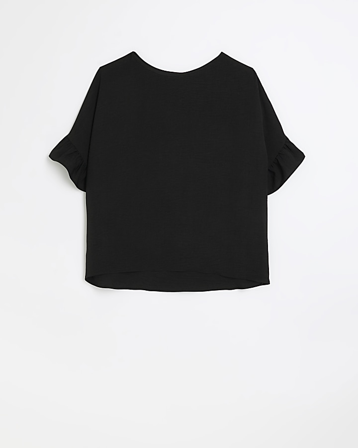 Black frill sleeve t-shirt | River Island