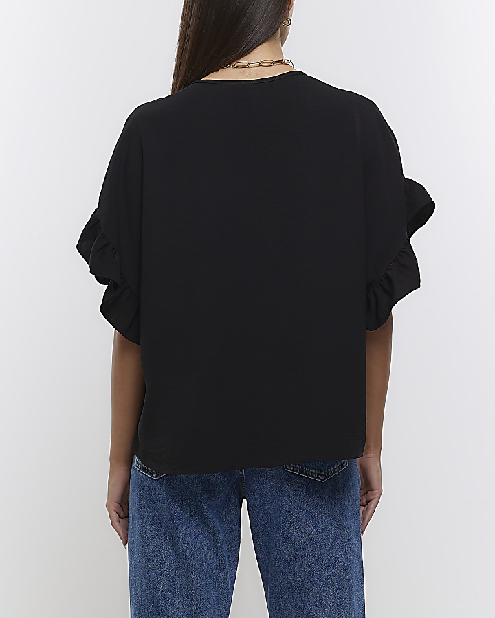 Black frill sleeve t-shirt | River Island