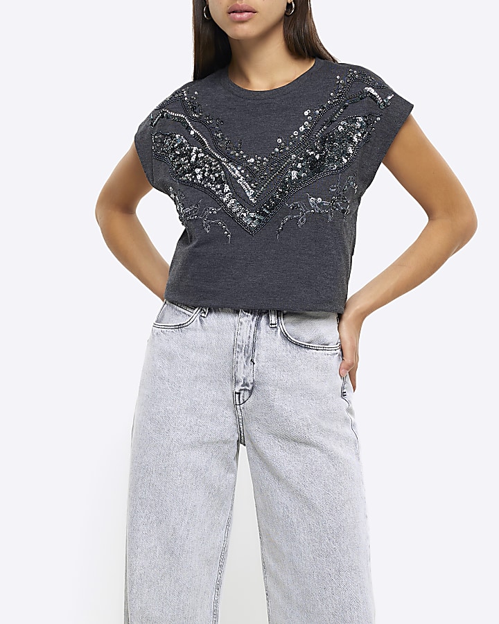 Grey sequin detail t-shirt