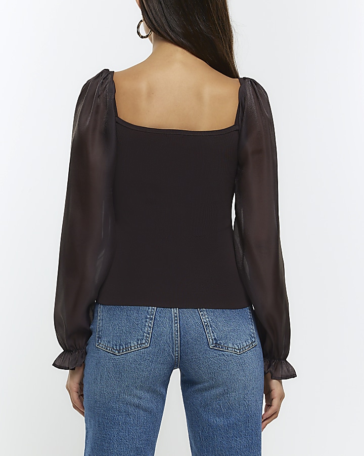 Brown organza sleeve blouse