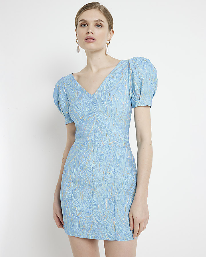 Blue abstract puff sleeve bodycon mini dress