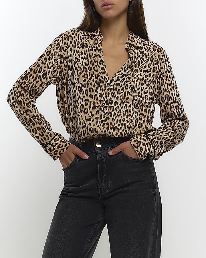 Brown animal print open neck shirt