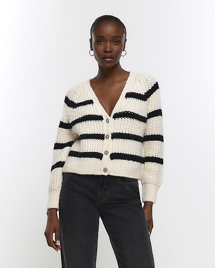 Cream stripe v-neck chunky cardigan | River Island