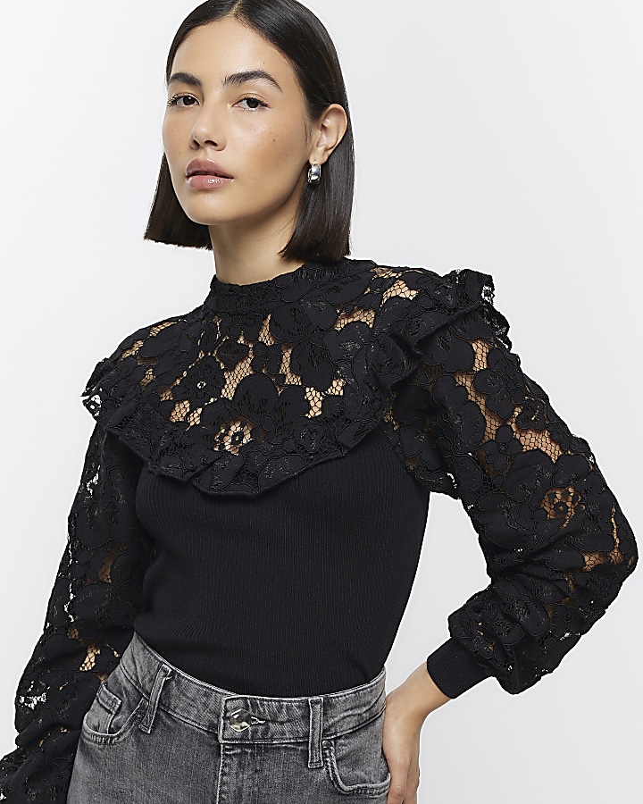 Black lace frill long sleeve top | River Island