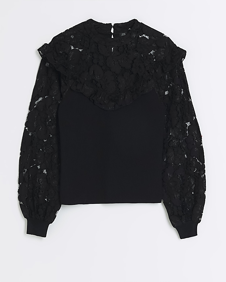 Black lace frill long sleeve top