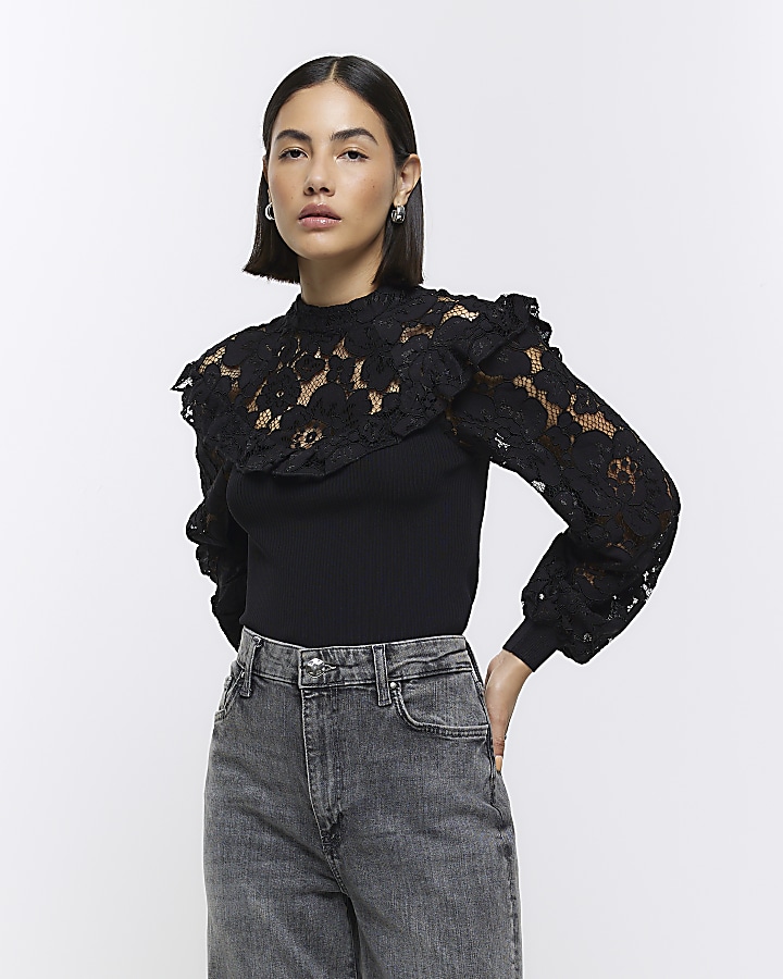 Tall Black Crew Neck Long Sleeve Frill Shoulder Top