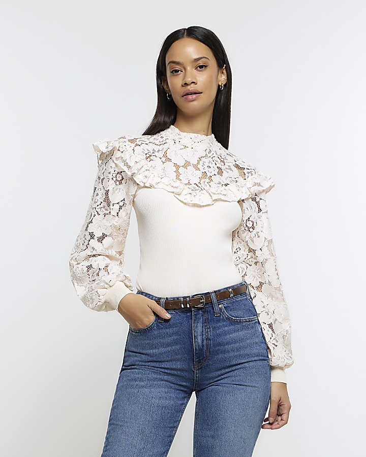 Cream lace frill long sleeve top