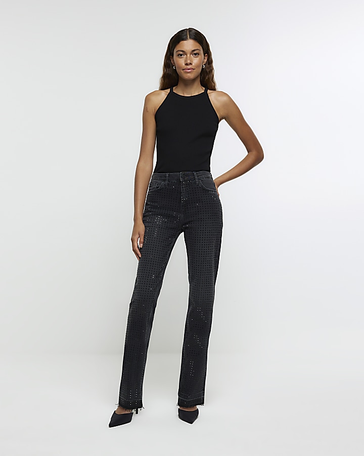 Black slim fit embellished jeans | River Island