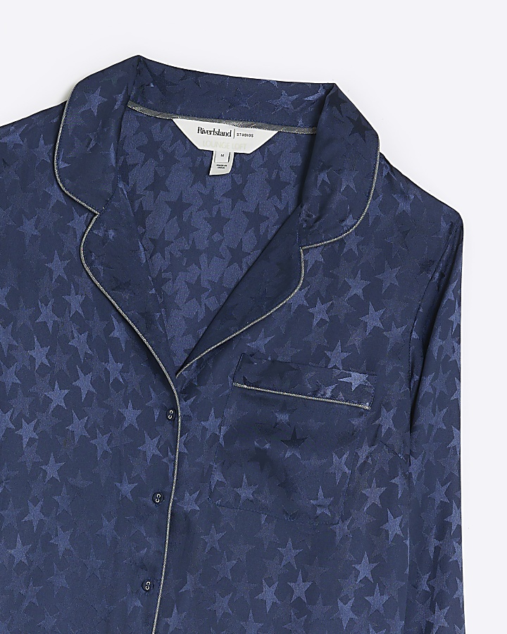Navy jacquard star pyjama shirt