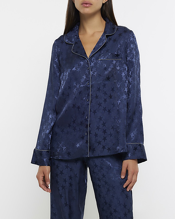 Navy jacquard star pyjama shirt