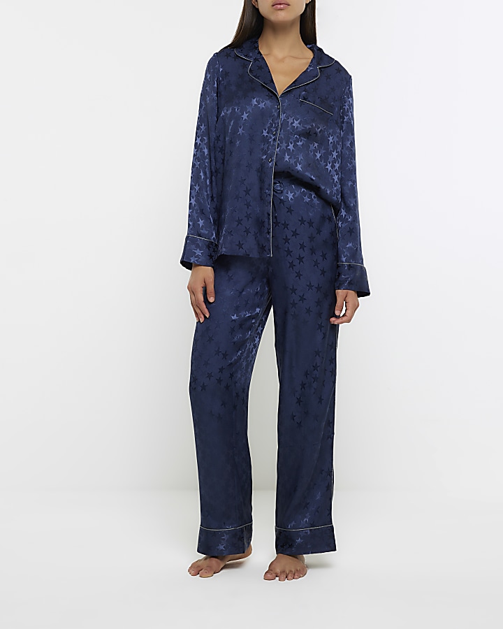 Navy jacquard star pyjama trousers