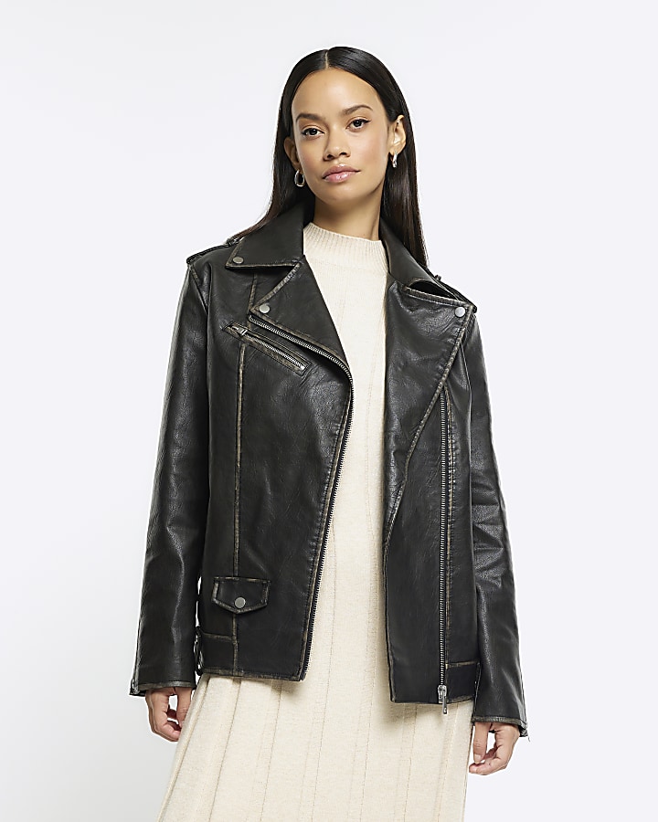 Leather oversized biker on sale jacket