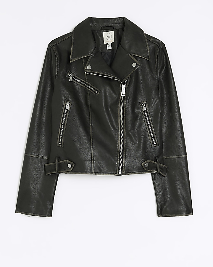 Black distressed faux leather biker jacket