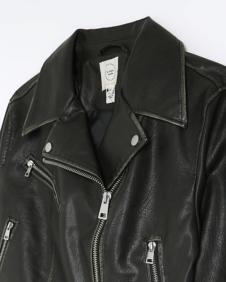 Black distressed faux leather biker jacket | River Island