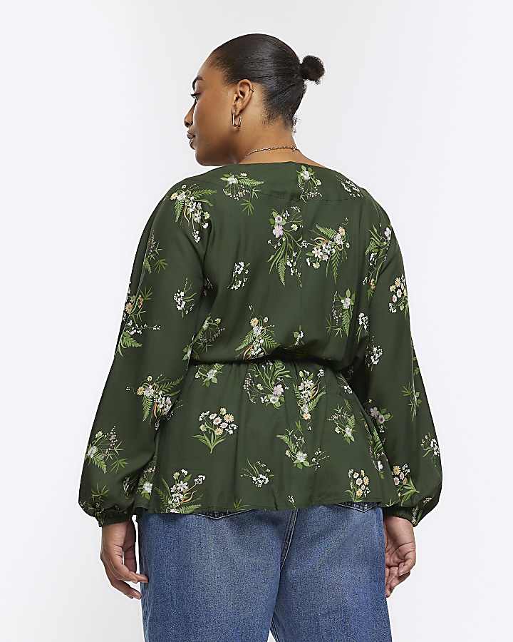 Plus green floral wrap blouse