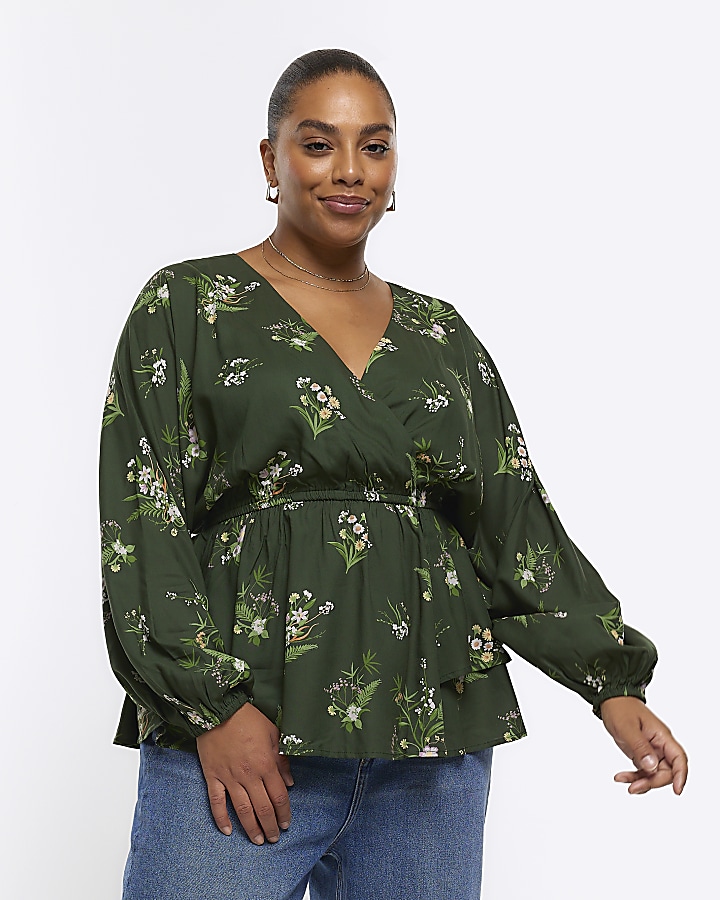 Plus green floral wrap blouse | River Island