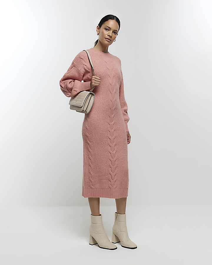 Pink plait jumper midi dress | River Island