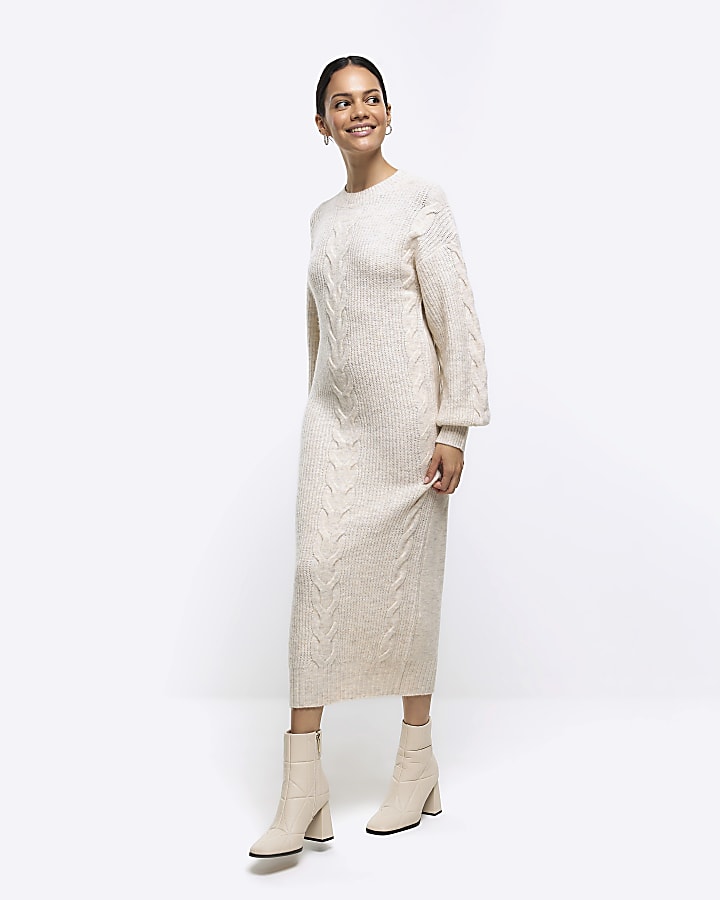 Cream plait jumper midi dress River Island