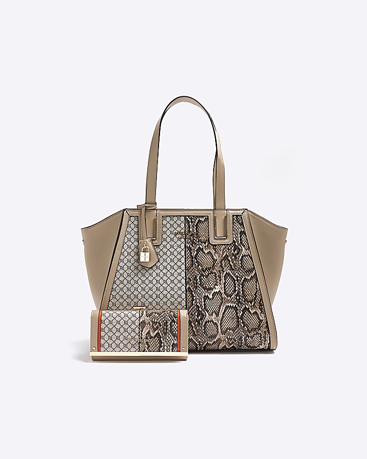 Beige animal print tote bag and purse | River Island