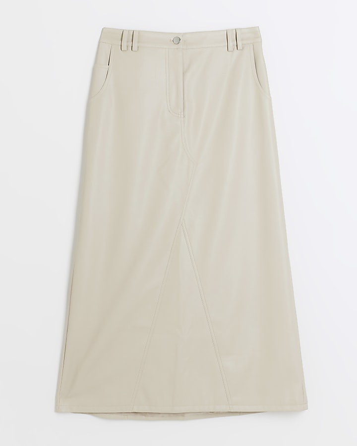 Cream faux leather midi skirt