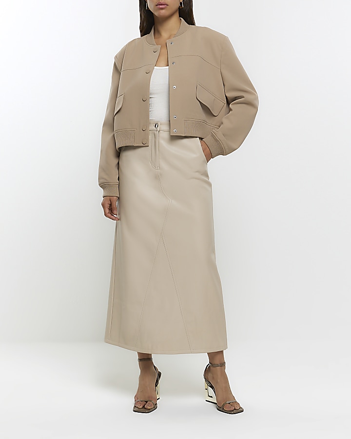 Cream faux leather midi skirt